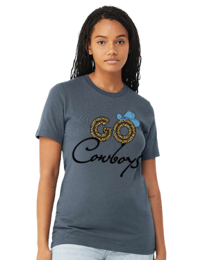 GO Dallas short sleeve t-shirt with cheetah print and baby blue cowboy hat